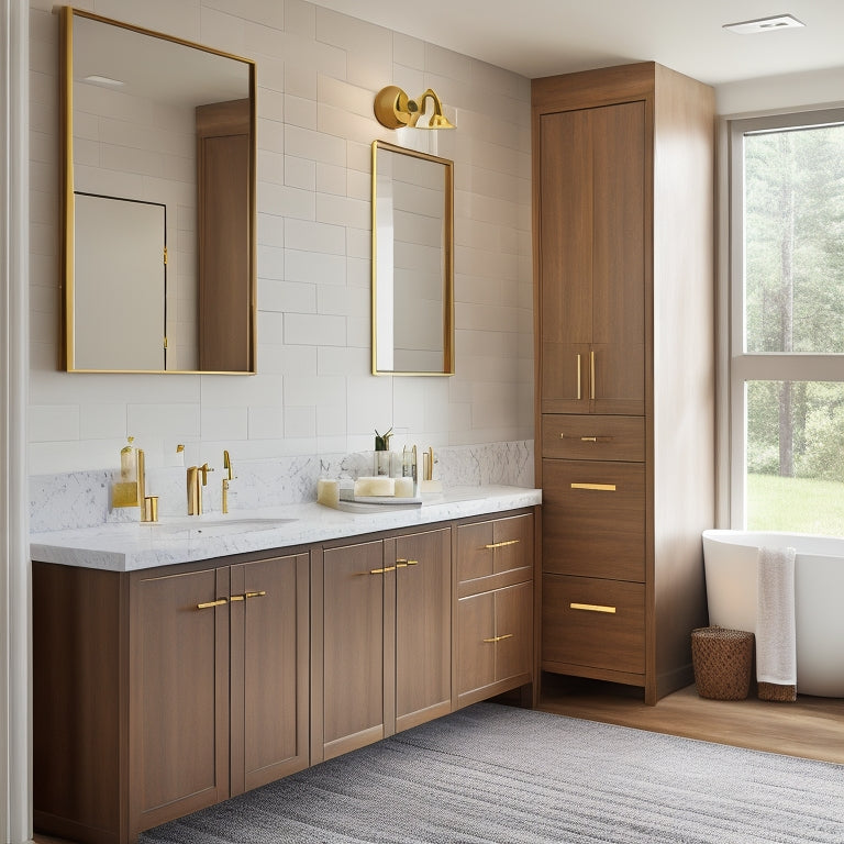 A sleek, modern bathroom featuring elegant modular storage units in rich wood tones, accented with gold fixtures. Soft ambient lighting highlights plush towels and curated decor, creating a luxurious, organized space.