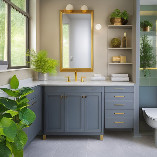 A sleek, modern bathroom featuring elegant waterproof storage cabinets in soft gray tones, adorned with minimalist gold handles. Lush greenery on the countertop and warm ambient lighting create a serene, organized atmosphere.