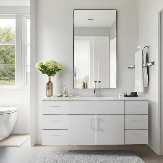 A modern bathroom with sleek, white PDF cabinetry and chrome handles, surrounded by a minimalist aesthetic, featuring a wall-mounted sink, and a large, frameless mirror reflecting a tidy, organized space.