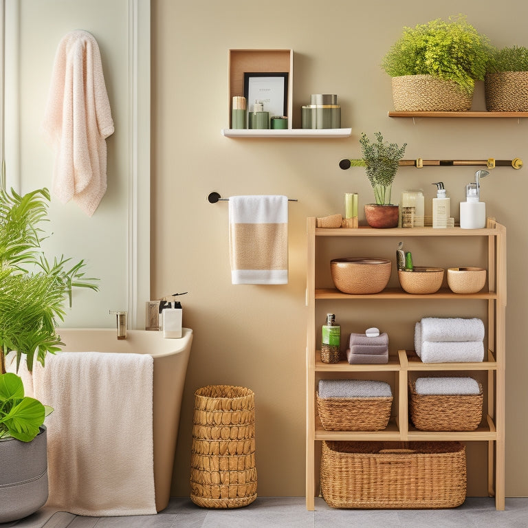 A stylish bathroom scene featuring sleek, multifunctional storage organizers; bamboo shelving, wall-mounted baskets, and tiered trays filled with toiletries, plants, and decorative items, all set against a serene, neutral-toned backdrop.