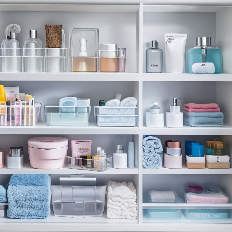 An organized bathroom drawer filled with neatly arranged, color-coded containers holding toiletries, skincare products, and grooming tools, showcasing vertical dividers, clear bins, and compact organizers, all set against a soft, serene bathroom backdrop.