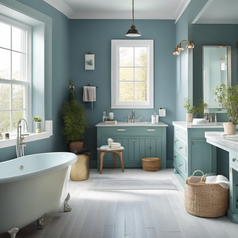 A serene bathroom scene with a large, freestanding tub, surrounded by 6-8 color swatches on the walls, showcasing calming shades of blue, green, neutral tones, and soft pastels.