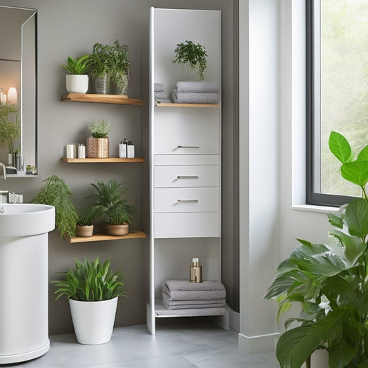 A sleek, modern bathroom featuring a rotating storage unit with multiple compartments, elegantly organized toiletries, vibrant plants, and soft lighting reflecting off polished surfaces, creating a stylish and functional space.