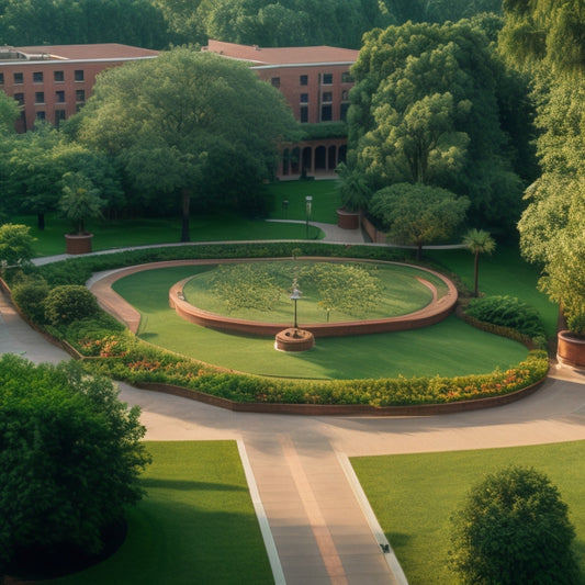 A serene university campus with a subtle grid of lines in the background, symbolizing rules and structure, surrounded by lush greenery and students engaging in various respectful activities.