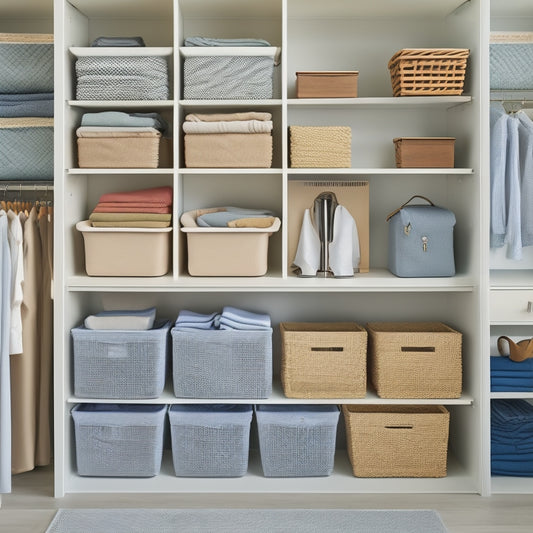 A tidy, organized closet with 3-5 drawers of varying sizes, each with a different storage solution: baskets, dividers, and stackable containers, against a soft, light-gray background.