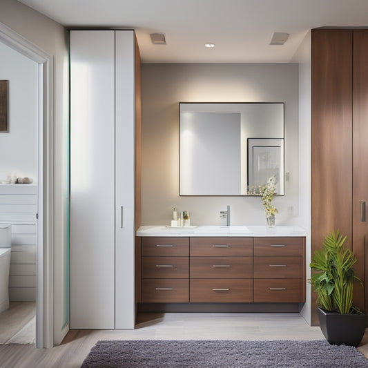 A sleek, modern bathroom with a large, rectangular medicine cabinet featuring a mirrored door, soft-close hinges, and ambient LED lighting, set against a backdrop of crisp white walls and dark wood flooring.