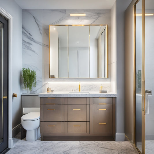 A sleek, modern bathroom with a large, wall-mounted medicine cabinet featuring a mirrored door, soft-close drawers, and ambient LED lighting, surrounded by marble countertops and a freestanding tub.