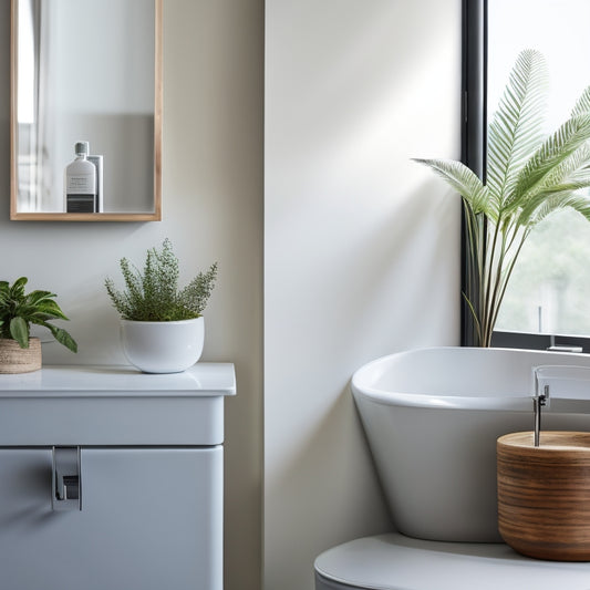 A serene, modern bathroom with a minimalist aesthetic, featuring a sleek wall-mounted bath shelf in a polished chrome finish, holding a few carefully arranged toiletries and a small potted plant.