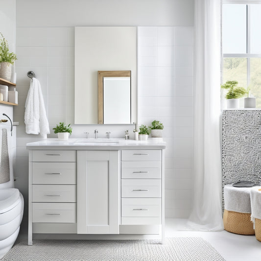 A serene, modern bathroom with a wall-mounted cabinet, a freestanding tub, and a sleek, white countertop, featuring a neatly organized array of toiletries and towels in a woven basket.