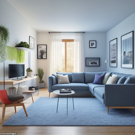 A minimalist, modern living room with a laptop open to a room planner software, surrounded by furniture templates and measuring tapes, amidst a cluttered background of DIY renovation chaos.