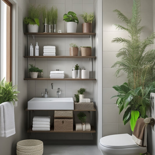 A sleek, modern bathroom with wall-mounted shelves holding neatly organized toiletries, small potted plants, and decorative baskets. Soft lighting illuminates the space, emphasizing clever storage solutions in a compact, stylish setting.