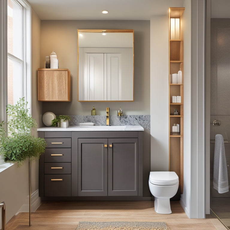 A sleek, modern bathroom with a wall-mounted cabinet featuring a mirrored door, a recessed medicine cabinet above the sink, and a pedestal sink with built-in storage beneath.