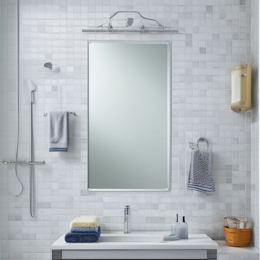 A bathroom wall with a large mirror, towel rack, and empty space, awaiting installation of a shelf, surrounded by scattered tools, a level, and a drill, on a clean, white, and gray tiled background.