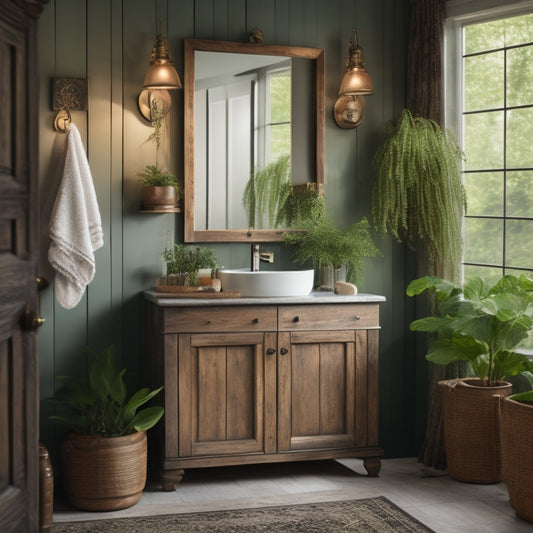 A serene bathroom setting featuring a stylish corner cabinet, crafted from reclaimed wood, adorned with vintage knobs, surrounded by lush greenery and soft, ambient lighting reflecting off elegant tiles and a sleek mirror.