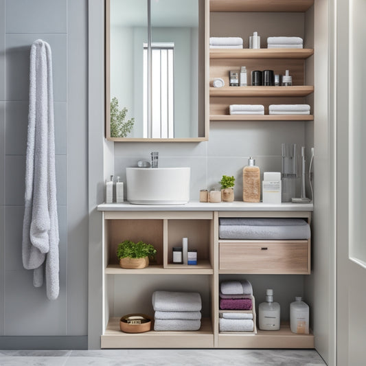 A sleek, modern bathroom with a wall-mounted cabinet featuring pull-out drawers, filled with neatly arranged toiletries, towels, and beauty products, surrounded by a calm, neutral-colored environment.