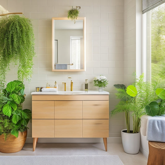 A modern bathroom featuring a sleek, compact vanity with multiple drawers, open shelving, and a minimalist design. The space is bright and airy, adorned with plants and stylish decor, emphasizing storage efficiency and elegance.