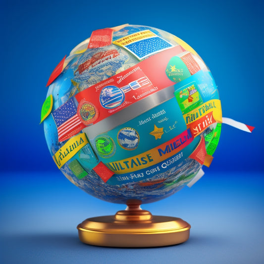 An illustration of a globe surrounded by speech bubbles, each containing a miniature globe, with flags and ribbons wrapped around the outer globe, radiating from a central point of a stylized, ornate microphone.