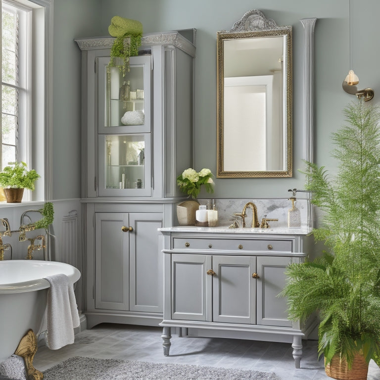 A beautifully styled bathroom with a refinished cabinet in a soft gray hue, adorned with ornate hardware, surrounded by crisp white countertops, and a few decorative vases and greenery.