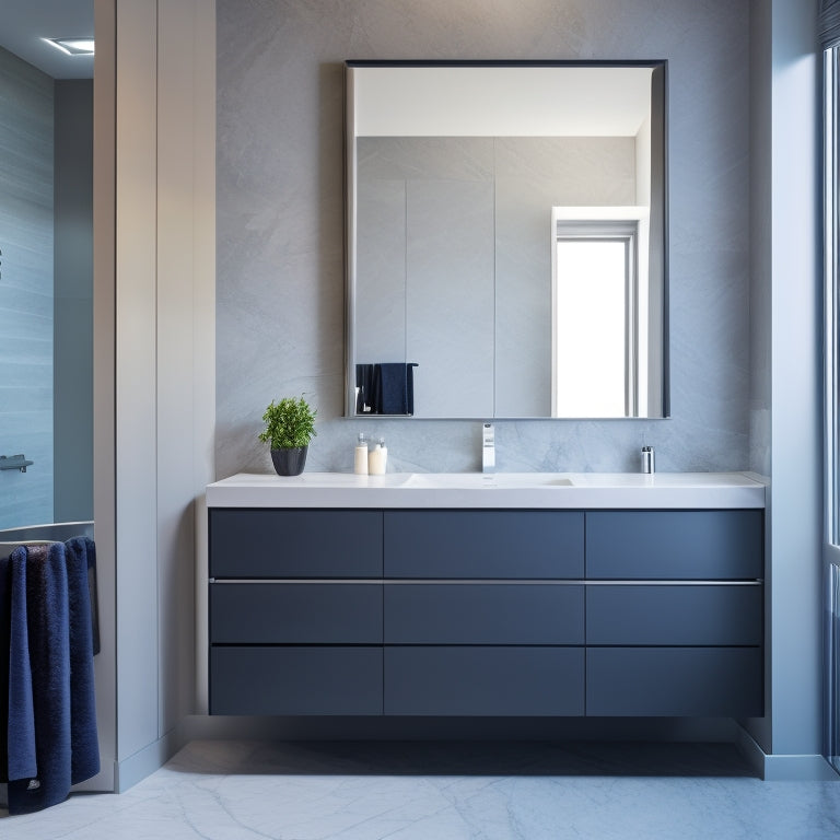 A modern bathroom with a sleek, wall-mounted sink vanity unit in polished chrome and white glass, set against a backdrop of dark grey marble and minimalist decor.