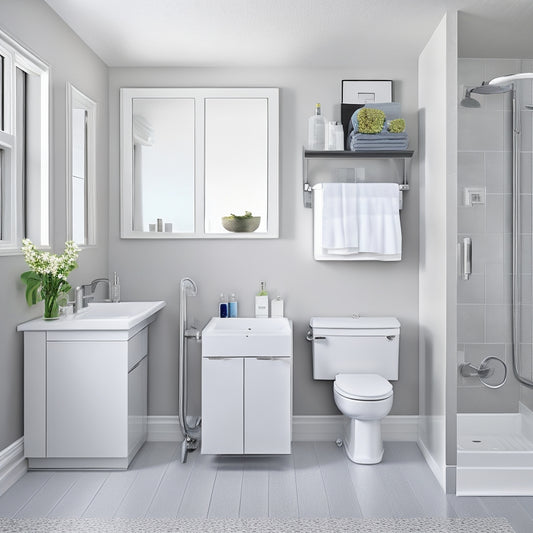 A bright, modern bathroom with a wheelchair-accessible sink and toilet, featuring a wall-mounted, slide-out cabinet, a recessed medicine cabinet, and a grab-bar-mounted shelf, all in a sleek, silver, and white color scheme.