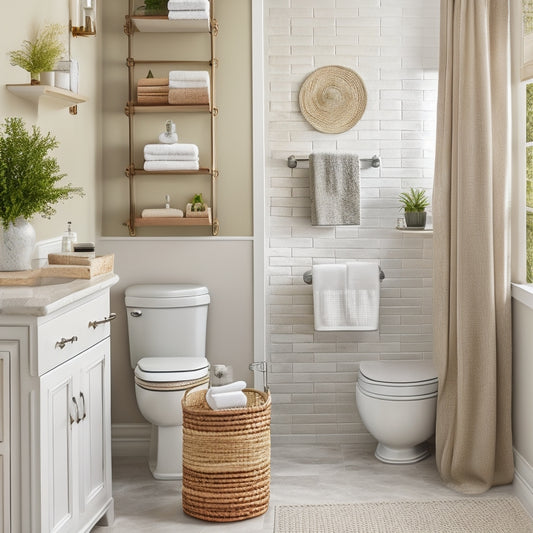 An elegant bathroom scene featuring a stylish wall-mounted shelving unit above a toilet, adorned with neatly arranged decorative baskets, potted plants, and rolled towels, all set against a calming, neutral color palette.