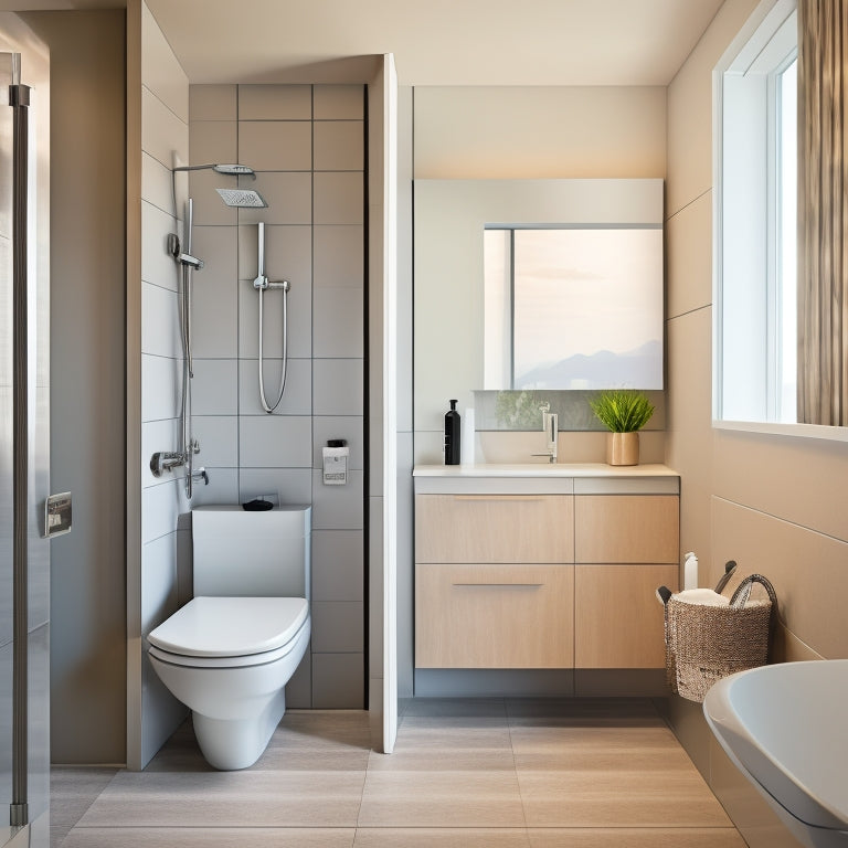 A minimalist, modern bathroom with a wall-mounted sink, toilet, and shower, featuring a sleek, space-saving cabinet with mirrored door, and a fold-down seat above a hidden storage compartment.