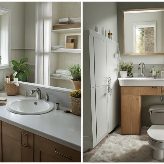 A before-and-after split-screen image: a cluttered bathroom sink area with toiletries scattered around, versus a tidy space with a sleek over-sink cabinet installed, with a subtle hint of a DIY toolbox in the corner.