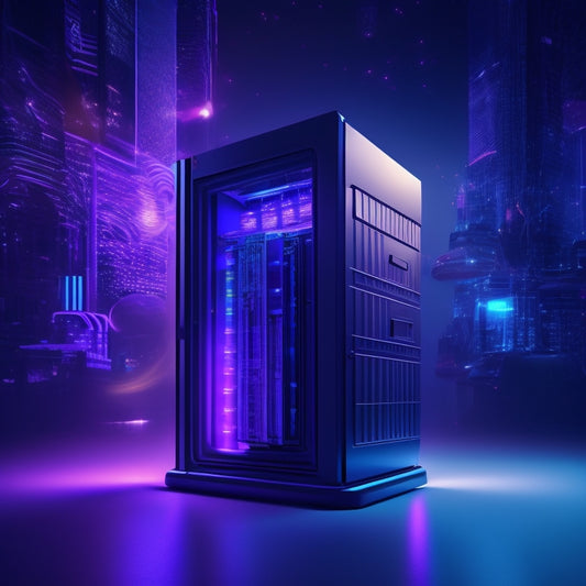 A futuristic, sleek, and modern illustration featuring a stylized, glowing filing cabinet with swirling digital files and documents orbiting around it, set against a dark blue or purple background.