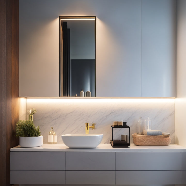 A sleek, modern bathroom with three floating shelves, each featuring a built-in LED light strip underneath, casting a warm glow on the marble countertops and surrounding walls.