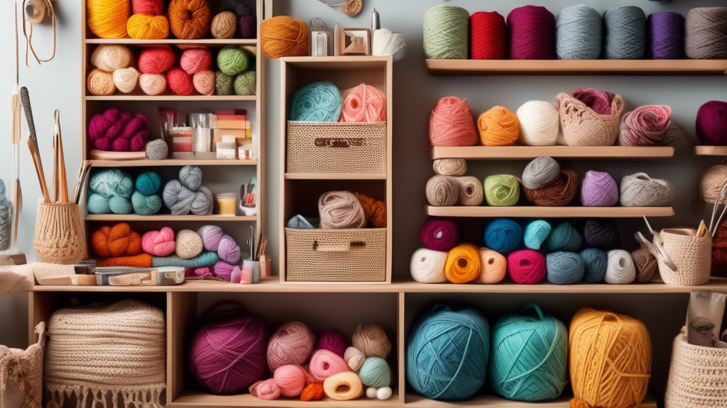 Please generate an image of a cozy and beautifully organized craft room filled with various crocheted storage solutions, such as baskets, bins, and hanging organizers. Show different colors and textures of yarn used in the storage items, along with c