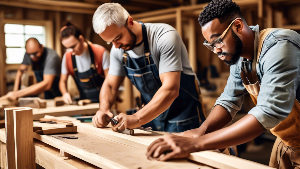 Create an image of a diverse group of people participating in hands-on carpentry training, demonstrating various skills such as measuring, cutting, and building structures. Show them working with different tools and materials in a workshop setting, w