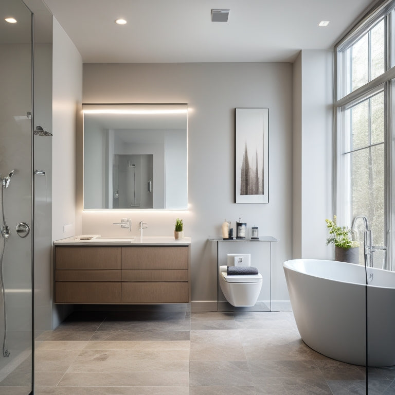 A modern bathroom with sleek, wall-mounted fixtures, a large rain showerhead, and a freestanding tub surrounded by a floor-to-ceiling LED mirror, illuminated with soft, warm ambient lighting.