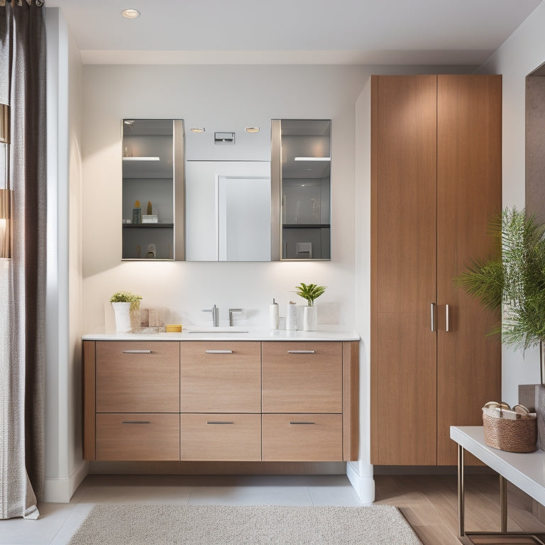 A modern bathroom with sleek, wall-mounted storage cabinets in various shapes and sizes, featuring mirrored doors, wooden accents, and soft, warm lighting, with a few towels and toiletries tastefully arranged.