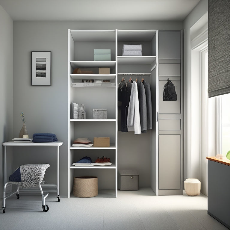 A tidy, minimalist room with a wheelchair-accessible closet featuring adjustable shelves, a slide-out storage drawer, and a foldable hanging organizer, set against a calming light gray background.