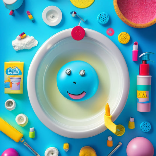 A whimsical illustration of a smiling bathroom sink, toilet, and shower, surrounded by colorful ASL hand signs, crayons, and scribbles, set against a bright blue background with white bubbles.