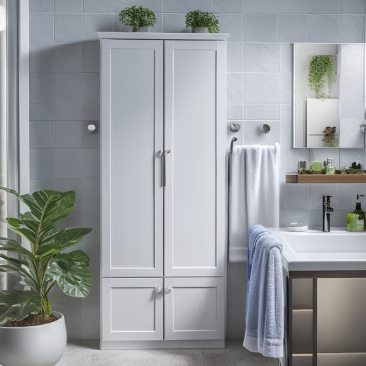 A modern slimline bathroom cabinet, elegantly positioned against a soft gray wall. Features sleek white drawers and open shelves adorned with neatly arranged towels and decorative plants, illuminated by warm, ambient lighting.