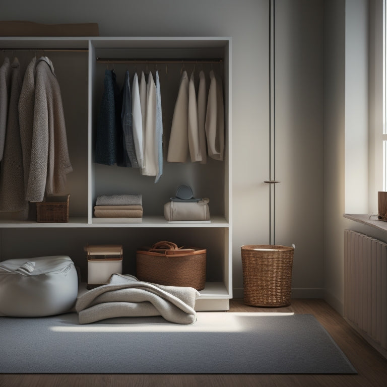 A serene, minimalist room with a few carefully placed, neatly organized items, surrounded by empty space, with a subtle warm light and a few folded clothes on a wooden dresser.