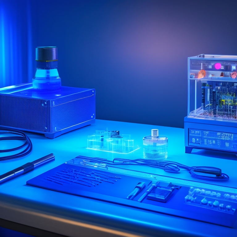 An image depicting a sleek, silver, precision-engineered calibration instrument with glowing blue lights on a laboratory bench, surrounded by tiny tools and wires, against a dark, gradient blue background.