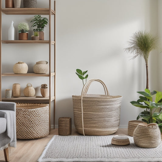 A serene, minimalist living room with woven baskets of varying sizes and natural materials, arranged artfully on shelves and in corners, holding neatly organized household items and greenery.