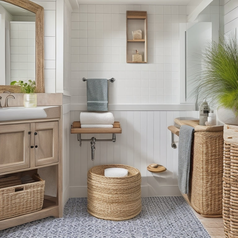 A serene bathroom with a wall-mounted cabinet featuring three woven seagrass baskets, a recessed lighting strip above, and a few decorative towels and toiletries artfully arranged on the countertops.