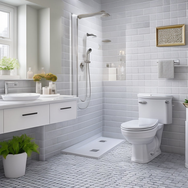 A clean and modern bathroom with a gleaming white sink, toilet, and shower, surrounded by sparkling tiles and a faint hint of a checklist or chart on a clipboard in the corner.