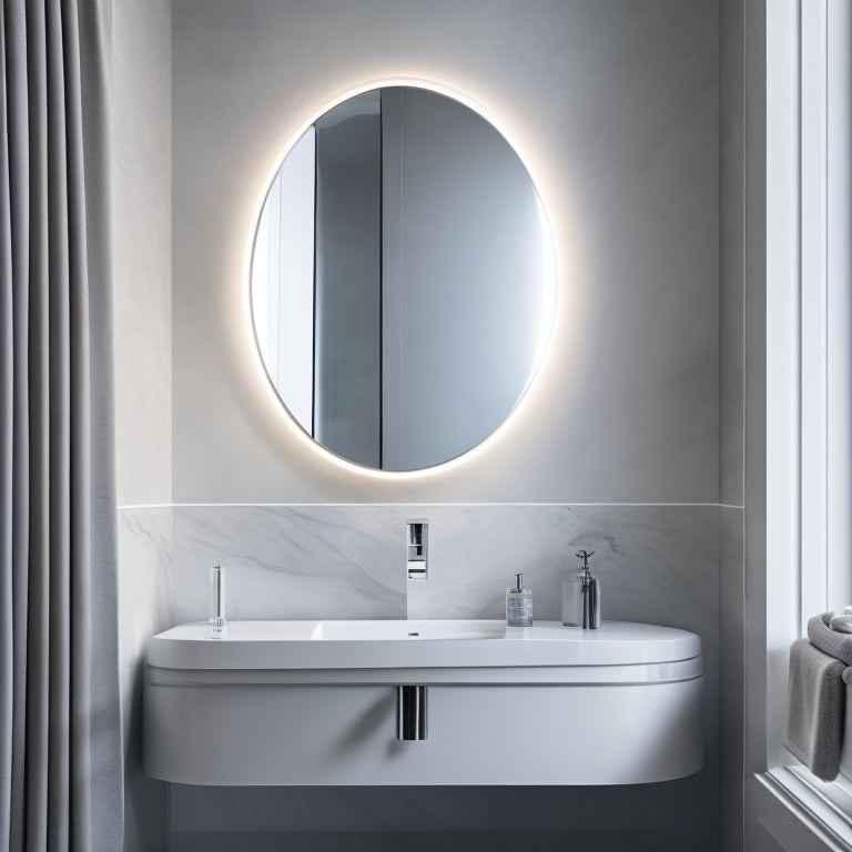 A sleek, modern bathroom with a wall-mounted sink vanity in polished chrome, accompanied by a large, oval mirror with a subtle LED glow, set against a backdrop of soft, gray marble walls.