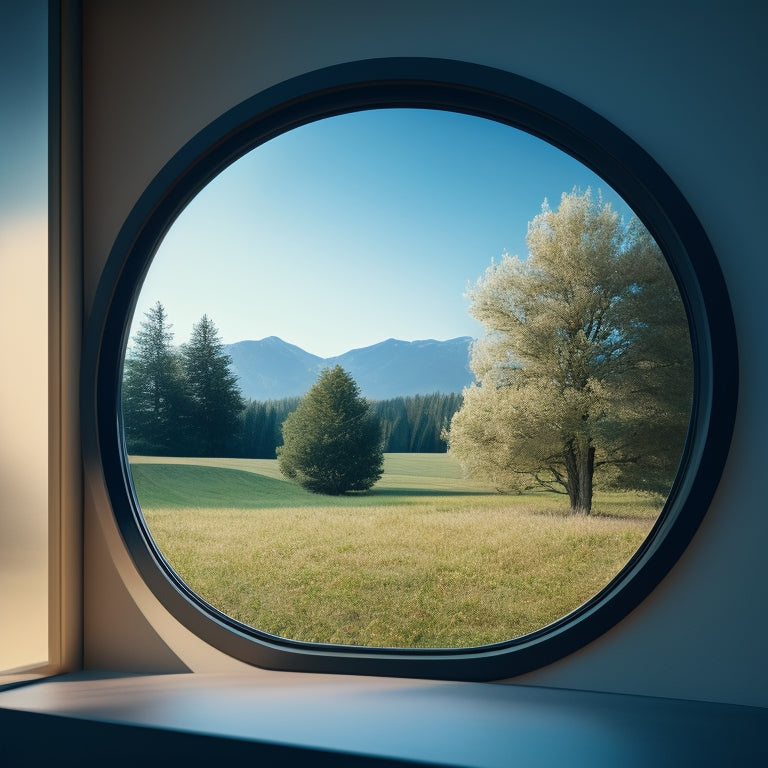 A modern, sleek window with a subtle curved frame, featuring a FlexScreen installation that seamlessly blends into the window's design, with a blurred outdoor scenery in the background.