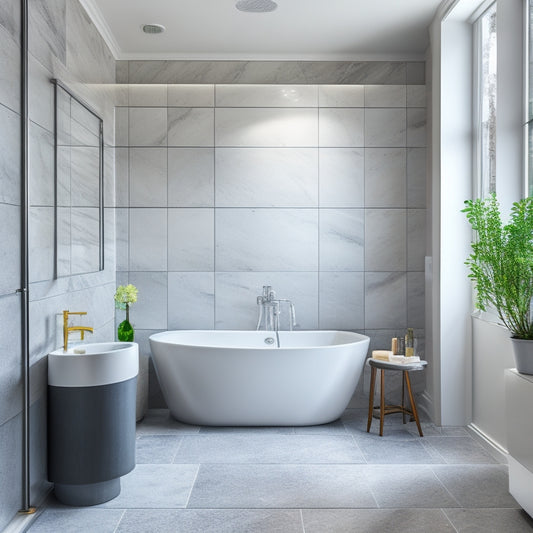 A serene, modern bathroom with a freestanding tub, surrounded by sleek, gray marble walls and floors, accompanied by a rainfall showerhead and a stylish, wall-mounted vanity.
