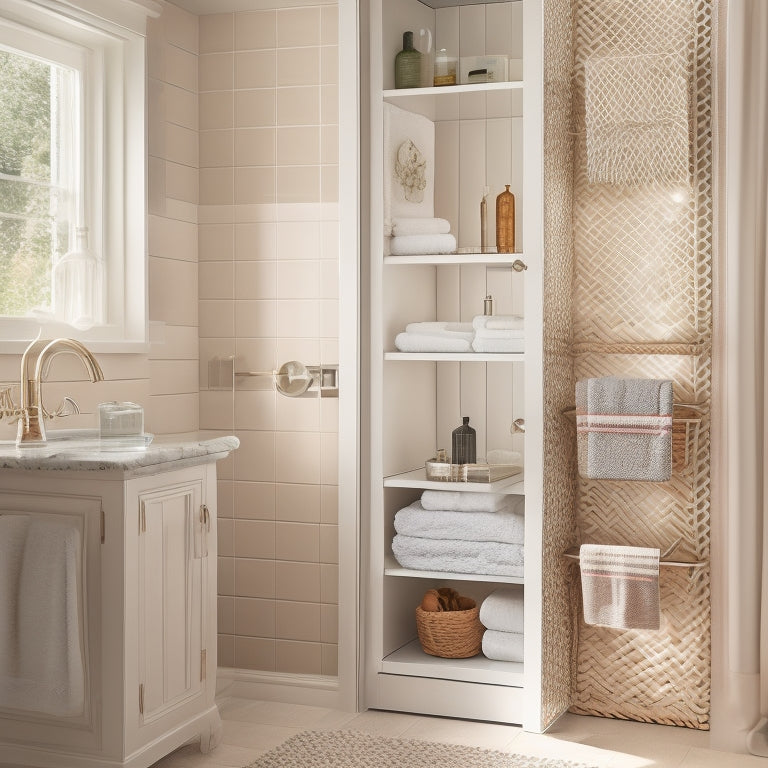 A tidy small bathroom corner cabinet with a rotating carousel, clear glass shelves, and woven storage baskets, reflecting light from a nearby window, surrounded by calm, soft-focused bathroom tiles.