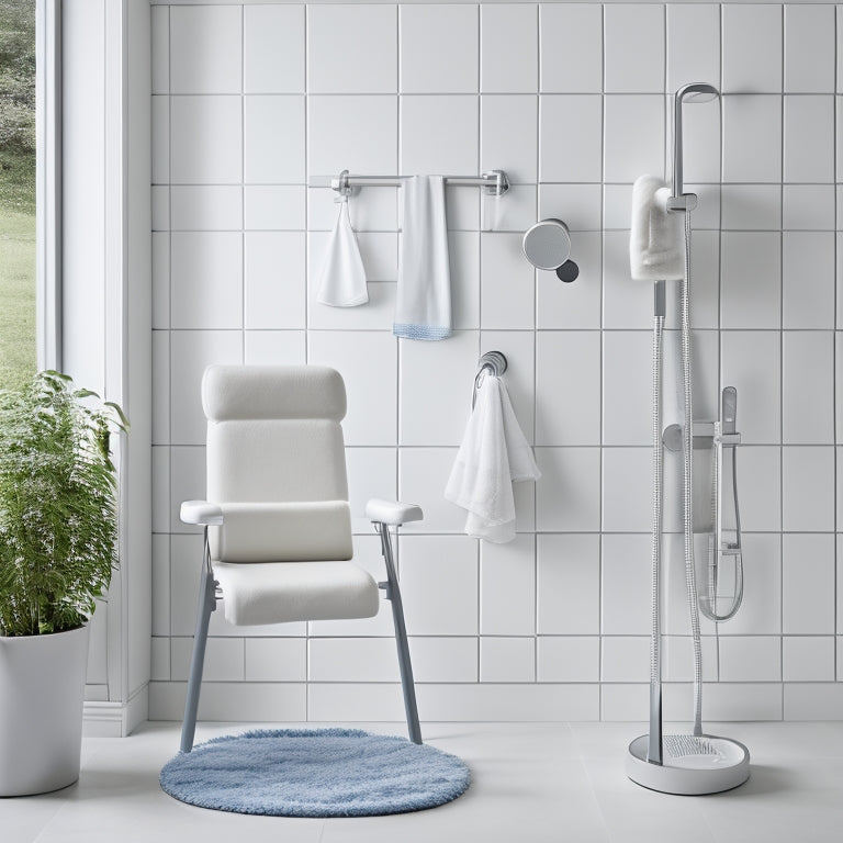 A shower chair with adjustable height and armrests, non-slip feet, and a backrest, surrounded by water droplets, soap, and shampoo bottles in a clean, white, and minimalist bathroom.