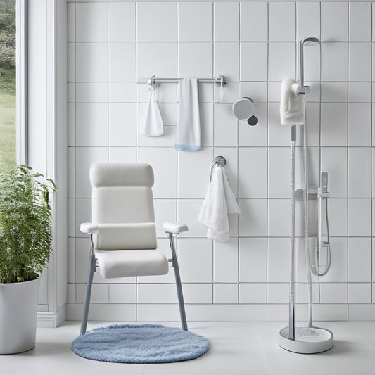 A shower chair with adjustable height and armrests, non-slip feet, and a backrest, surrounded by water droplets, soap, and shampoo bottles in a clean, white, and minimalist bathroom.