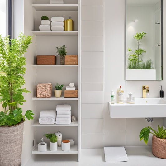 A modern bathroom with sleek, wall-mounted shelves holding neatly organized toiletries, plants, and decorative boxes. Soft lighting highlights the minimalist design, while a stylish mirror reflects the compact, functional space of an apartment.