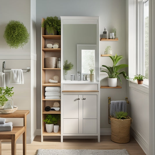 A clean and modern bathroom with a large, wall-mounted cabinet featuring adjustable shelves, slide-out drawers, and a mirrored door, surrounded by a few rolled towels and a small potted plant.