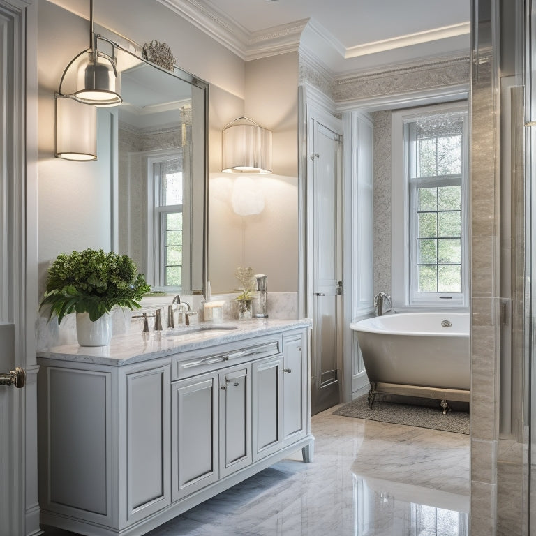 A lavish bathroom with a floor-to-ceiling, beveled-edge mirror in a polished chrome frame, surrounded by sleek, modern fixtures and marble countertops, illuminated by soft, warm lighting.